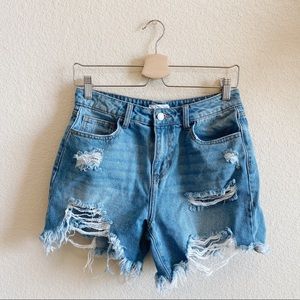 High Rise 100% Cotton Medium Wash Distressed Denim Shorts